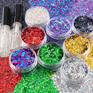 6 Colors of Holographic Chunky Glitter with Quick Dry Glue Pack 2, 8 Pots Total 80g Multi-Shaped for Body Hair Face Eyes Make-up, Nail Art and Bedazzling in Party/Concert/Events Glitter