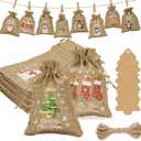 G2PLUS Christmas Drawstring Burlap Gift Bags - 24 Pack Christmas Advent Calendar Bags, 8 Designs 5x7 inches Gift Wrapping Bag with Xmas Tree Tags for Xmas Holiday Party Favors