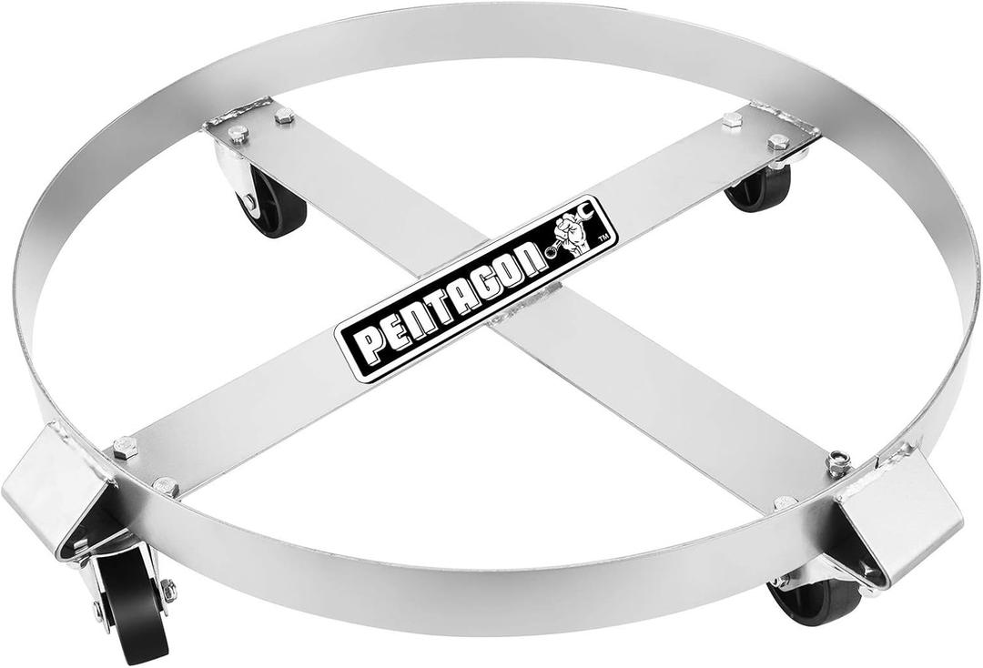 55-Gallon Drum Dolly - Heavy-Duty Steel Dolly with Cross Braces and 4 Caster Wheels  1,000-Pound Capacity by Pentagon Tools (Light Gray)