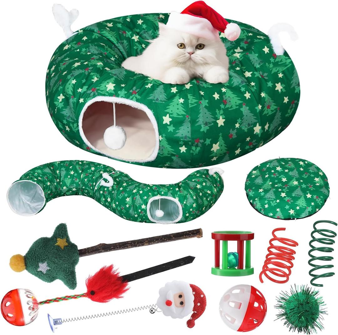 Cat Tunnel Christmas Tree Skirt, Green Christmas Tree Cat Tunnel Bed with Star and Toys, Hanging Pom Ball Plush Washable Cushion Peekaboo Playground for Small Medium Rabbit Xmas Decor