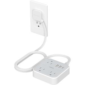 TESSAN Ultra Thin Flat Extension Cord 5 FT, Slim Power Strip with USB Ports (1 USB-C), Surge Protector Flat Plug Wall Charger with 3 Outlets for Office, School, Dorm Room Essentials (Grey White)