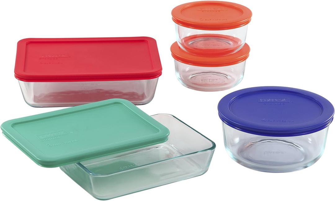 Pyrex Simply Store 18-Pc Glass Food Storage Containers Set, Round & Rectangle Glass Storage Containers with Lid, BPA-Free Lids, Non-Pourous Glass, Dishwasher, Microwave, Fridge and Freezer Safe