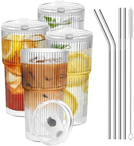 RÉΑLWÁY Iced Coffee Cups with Lids and Straws, 20 OZ Glass Tumbler with Straw and Lid, Clear Ribbed Glass Cups Reusable to Go Coffee Tumbler for Matcha, Smoothie, Cocktail,Latte, 4 Pcs