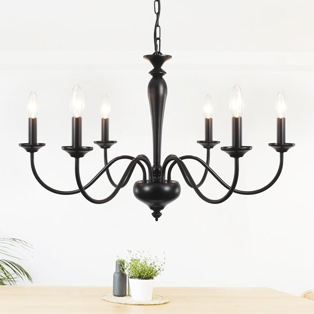 Farmhouse Chandelier for Dining Room 6 Lights Black Chandeliers Light Fixture Hanging Candle Iron Chandelier for Bedroom Kitchen Island Foyer Living Room Hallway