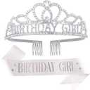 Birthday Tiara and Crown with Sash for Women, Hair Accessories for Wedding Party Costume (A1 - Silver)
