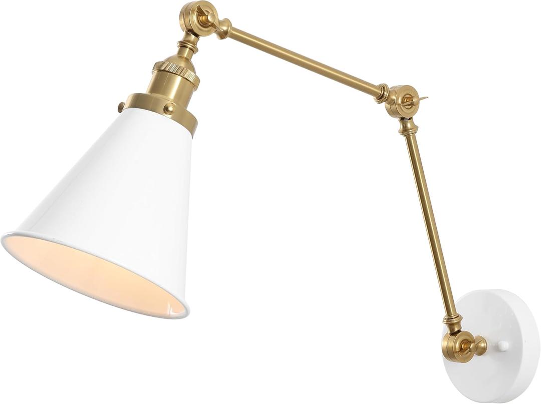JONATHAN Y 7" White/Brass Gold Classic Industrial Metal Adjustable Arm LED Wall Sconce for Bedside Reading, Farmhouse Swing Arm Wall Lamp with Metal Shade, Hardwired (JYL7462B), Set of 1