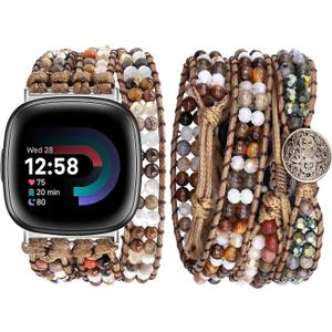 JR.DM Boho Beaded Band Women for Fitbit Versa 4/Versa 3/Sense 2/Sense Brown Stone Bracelet Adjustable Handmade Braided Rope Watch Strap Smartwatch Replacement Wristband