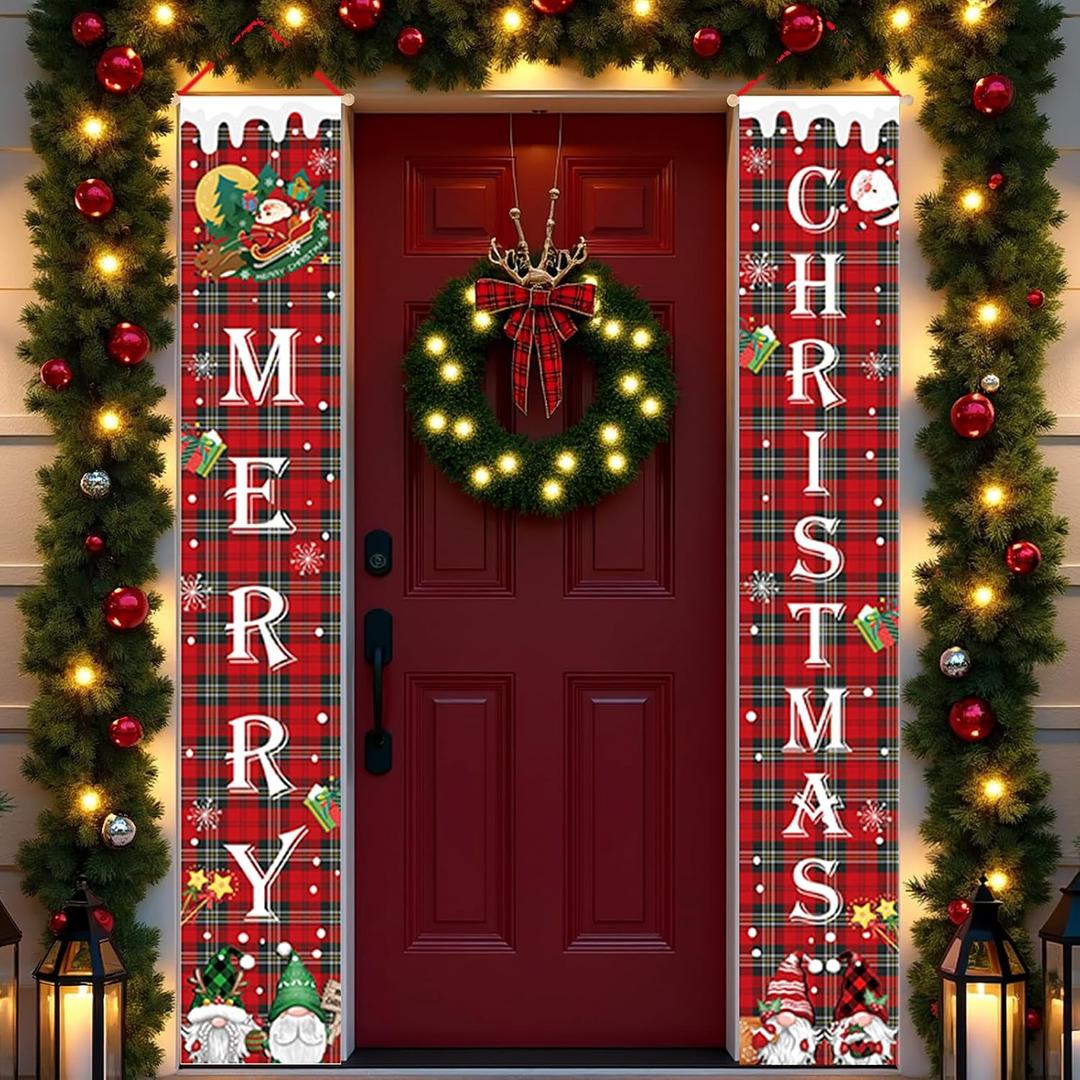 Christmas Door Banner Set 12x71 inch Holiday Porch Signs Red and Green Gnome Design Outdoor Indoor Hanging Decorations (Red 3)