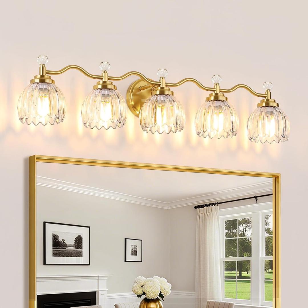 5-Light Bathroom Light Fixtures, Vanity Lights for Bathroom, Wall Lights for Mirror | Clear Glass Shade | Bulbs Not Included | Brushed Gold