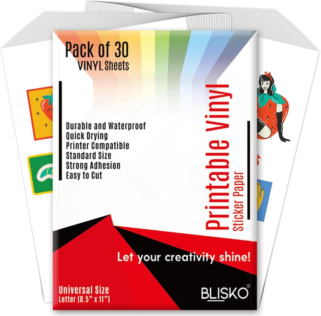 Printable Vinyl Sticker Paper - 30 Sheets 8.5x11 Sticker Paper for Inkjet Printer, Quick-Drying, Waterproof, Vivid Colors & Tear-Resistant, Easy to Cut, Cricut Compatible, DIY Sticker & Labels