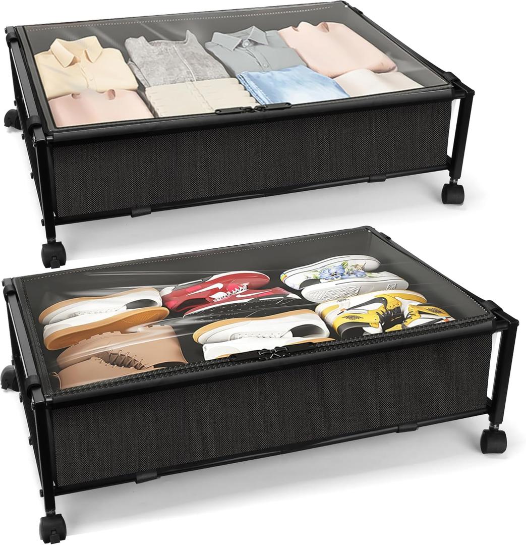 Under Bed Storage with Wheels 2 Packs, Under Bed Drawers, Underbed Storage with Wheels and Lid, Rolling Underbed Drawers for Clothes, Shoes, Blankets, Toys (Black)