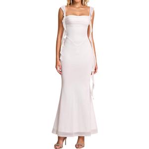KUTUMAI Elegant Long Formal Wedding Guest Dresses for Women Ruffle Bodycon Cocktail Party Maxi Dress White L