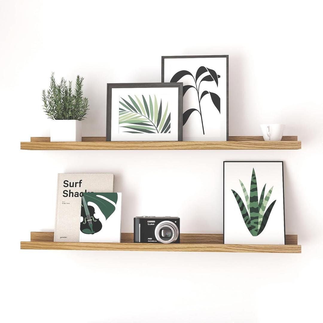 Oak Floating Shelves for Wall Decor, 36 in Shelf with Lip, 2 Set | 4.5" Deep Display Picture Ledge Shelf, Long Wall Mounted Storage Shelves for Bedroom, Bathroom, Living Room, Kitchen, Nursery