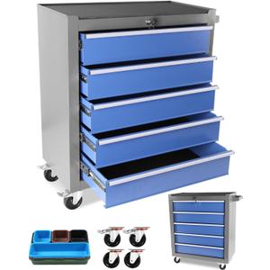 Heavy-Duty 5-Drawer Rolling Tool Chest with Wheels, Steel Tool Storage Cabinet with Lock & Liner for Workshop for Workshop/Garage - Includes 5 Organizer Boxes, Blue-Grey