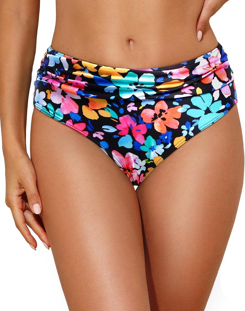 Tempt Me Women Mid Rise Bikini Bottoms Full Coverage Swimsuit Ruched Scrunch Swim Bottom (X-Large, Floral)