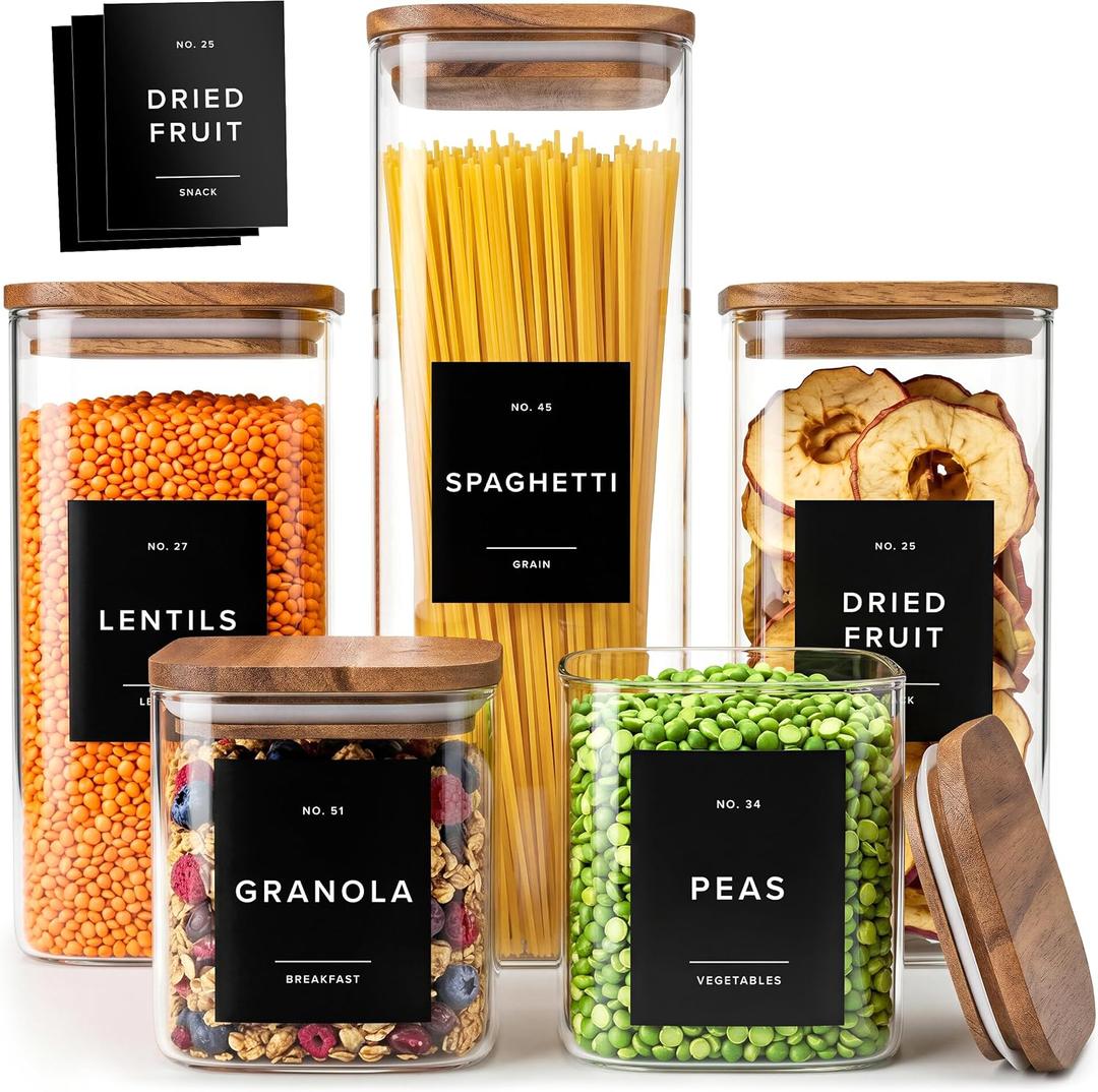 Glass Pantry Storage Jars Containers with Acacia Lids and Labels - Set of 5 | Extra Thick Square Glass Canisters with Acacia Wood Lids and 54 Pre-printed Pantry Labels keeps dry Goods Fresh and Organized