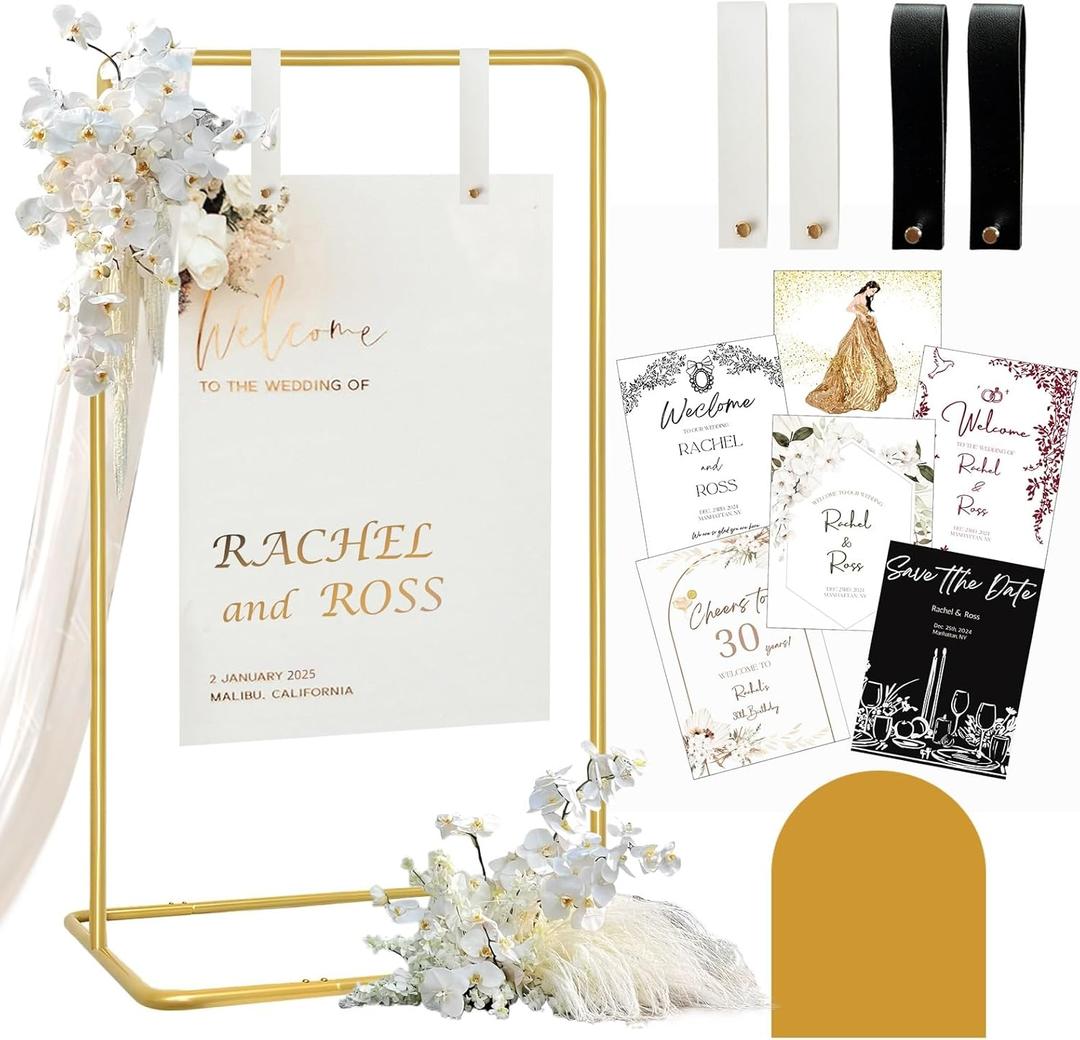 Wedding Sign Holder, Adjustable Welcome to Our Wedding Sign Stand W/Design Bundle & Leather Sign Hanging Straps, Heavy Duty Easel Stand for Sign, Wedding Seating Chart Stand, Easel for Display (Gold)