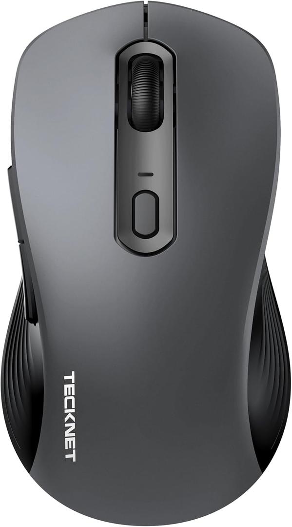 TECKNET Bluetooth Mouse, [ USB + BT1 + BT2 ] Wireless Mouse for Laptop, Silent Click, Full-Size, 4800 DPI Computer Mice Wireless, Dual Mode for Laptop, Computer, iPad, MacBook (Light Grey)