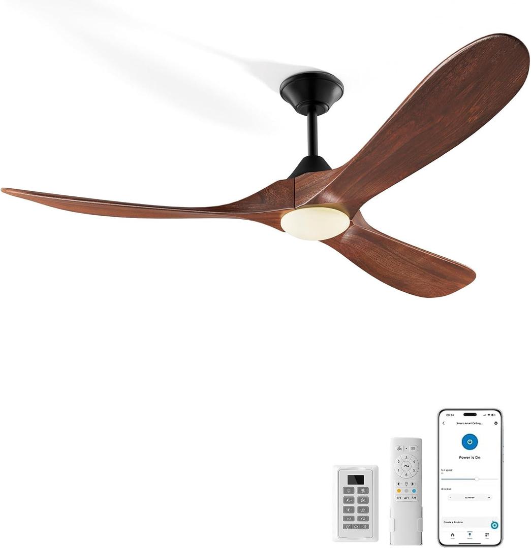 Wall Switch-52 inch Outdoor Ceiling Fan with Light Remote for Patios, Wet Rated Wood 3-Blade Propeller Ceiling Fans, Smart APP, High CFM 6-Speed DC Motor for Exterior Indoor, 3 LED Glass Lamp, Walnut