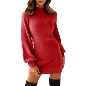 EXLURA Women's 2026 Mock Neck Ribbed Long Sleeve Bodycon Pullover Cute Mini Sweater Dress Vacation Outfits Winter Clothes (Red, Small)