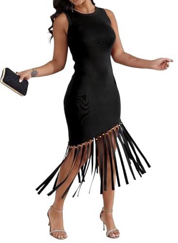 Ryehack Women’s Sexy Bodycon Midi Dress Elegant Sleeveless Asymmetrical Fringe Cocktail Prom Party Dress with Metal Bead Black Size Small