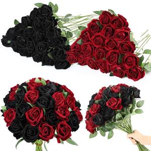 Ovveroche 24 Pcs Roses Artificial Flowers, Silk Black & Red Artificial Flowers Petals Long Stem Roses for Wedding Bouquet Home Party Decor