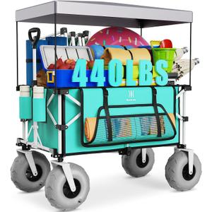 Navatiee Beach Wagon with Big Balloon Wheels for Sand, 200L Extra Large Beach Cart with Canopy, 440Lbs Heavy Duty Folding Wagon Collapsible with 9" Tires & Side Pocket for Beach, Outdoor, Light Blue