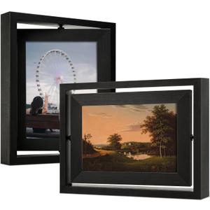 5x7 Rotating Picture Frame 2 Pack, Two-Sided Viewing Display Photo Pine Wooden Real Glass, Vertical or Horizontal Free-Standing Desk Tabletop Frame, Black
