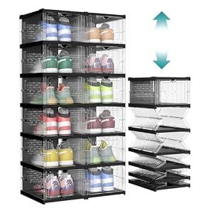 Foldable Shoe Boxes, Pack of 12 Stackable Shoe Storage Organizer, Set of 2 Integraed Shoe Cabinets, Portable, Fit up to US Size 13, 60s Assembly, Transparent and Ink Black ULSP206B01