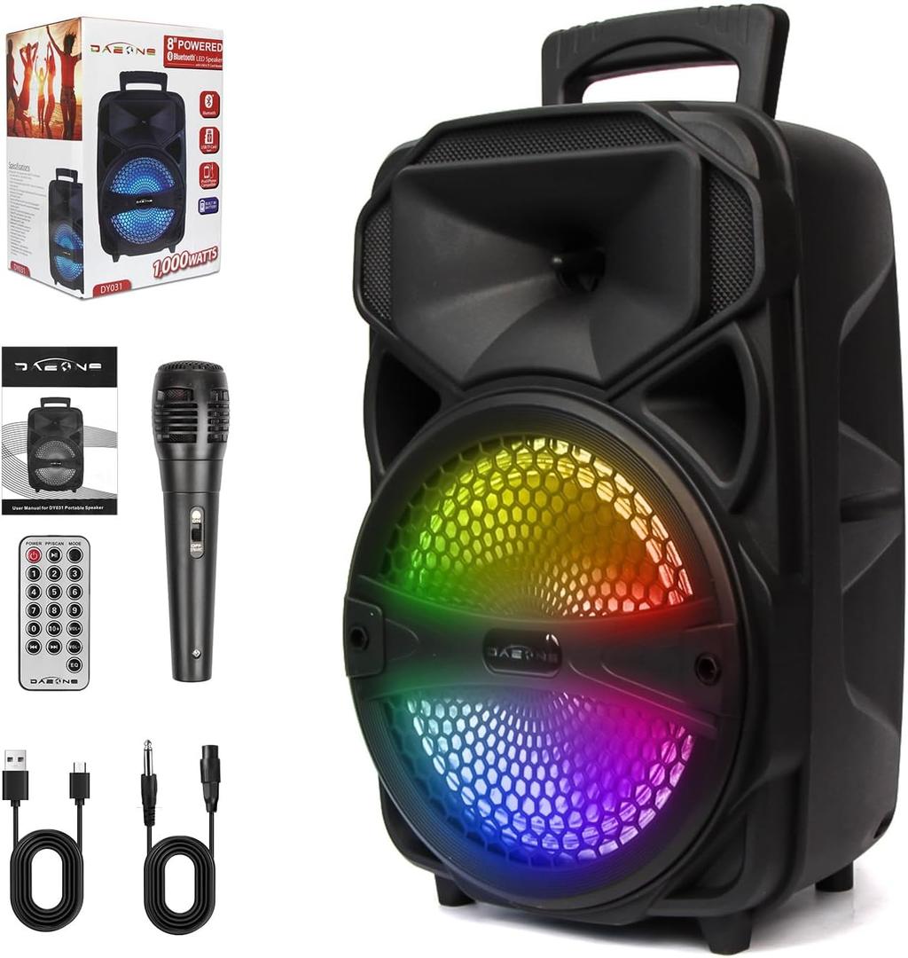 Portable Wireless Bluetooth Speakers, PA Loud Speaker Systems with Subwoofer, Bass, 8 Inch Speaker Karaoke Machine with Wired Microphone, Remote, FM Radio, EQ Mode, Flashing Light (8'' Woofer)