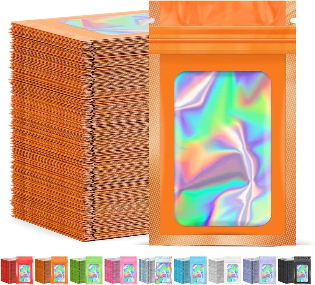 300 Pcs Mylar Bags, Smell Proof Bags Foil Pouch, Holographic Resealable Bags for Small Business, Candy Sample Jewelry Bag Sealable Packaging for Party Favor Food Storage (2.4x3.9in-Orange)