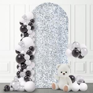 SaitiMade 4 FT Bling Arch Backdrop Cover, Silver Sequin Wedding Arch Stand Cover, Round Top Fitted Chiara Backdrop Cover for Birthday Party Ceremony Baby Shower Banquet Decoration