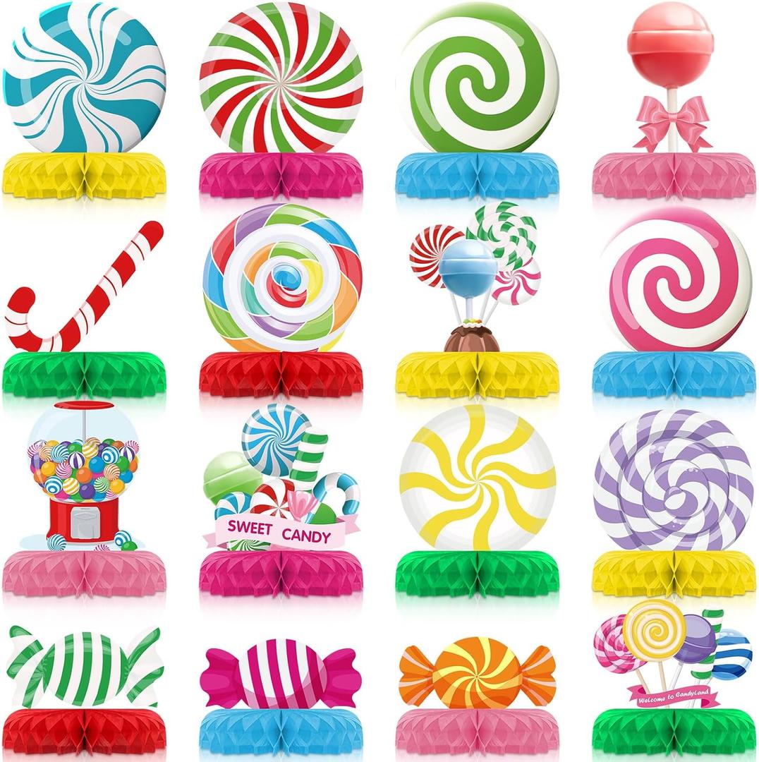 Pasimy 16 Pcs Candy Party Decorations Colorful Candy Lollipop Table Honeycomb Centerpieces Sweet Candy Table Decorations for Candy Theme Birthday Baby Shower Sweet Shop Party Supplies