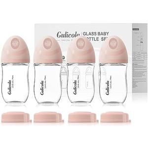 Gulicola Natural Glass Baby Bottle 4 Pack, Newborn Breastfeeding Bottles Set, Extra Slow Flow Nipples (SS), Anti Colic, 0 Months+, 5 oz - Pink