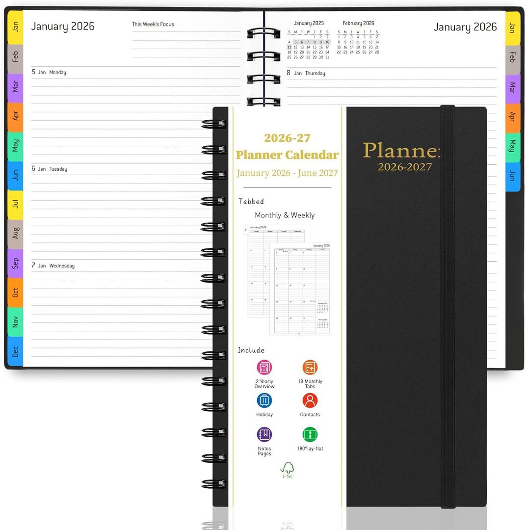 Daily Planner 2025-2026, July 2025 - December 2026, Yearly Monthly Weekly Daily Academic Calendar Planner, 18 Month with Tabs, Time Management Manual, 100GSM Thick Paper, A5 Size, Black
