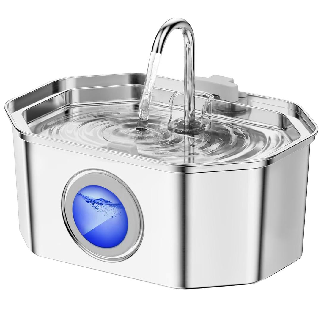 Cat Water Fountain Stainless Steel 108oz/3.2L, APAUK Automatic Pet Fountain Dog Water Dispenser with Water Level Window, Quiet Cat Fountain for Drinking, Inside with Replacement(2 Filters&2 Sponges)