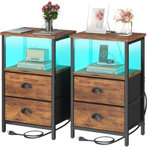 Rustic Brown Industrial Nightstand Set of 2, Bedside Table with 2 Fabric Drawers, 3-Tier Storage, LED Light, Charging Station, 11.38''D * 15.38''W* 24.75''H