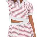 Fisoew Womens Striped 2 Piece Outfits Skort Set Short Sleeves Shirts Bubble Mini Skirt Sets Matching Sets (Small, Pink)