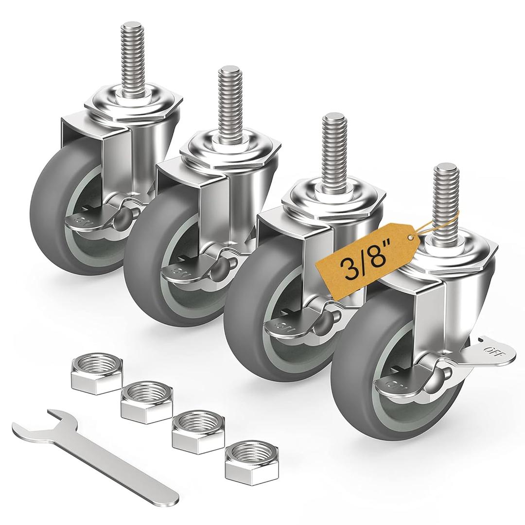 HOLKIE Caster Wheels 3 inch Locking Casters Set of 4, Threaded Stem 3/8" -16 x 1-1/2" (Diameter 3/8", Length 1-1/2") Swivel Heavy Duty Castors Gray