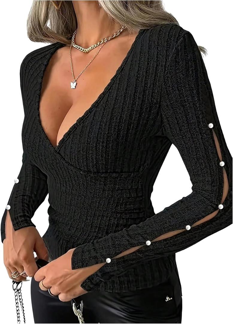 SOLY HUX Women's V Neck Wrap T Shirt Button Split Long Sleeve Tee Slim Fitted Going Out Tops, Small
