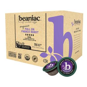 beaniac Organic Full On French Roast, Dark Roast, Single Serve Compostable K Cup Coffee Pods, Organic Arabica Coffee, Keurig Brewer Compatible, 72 Count