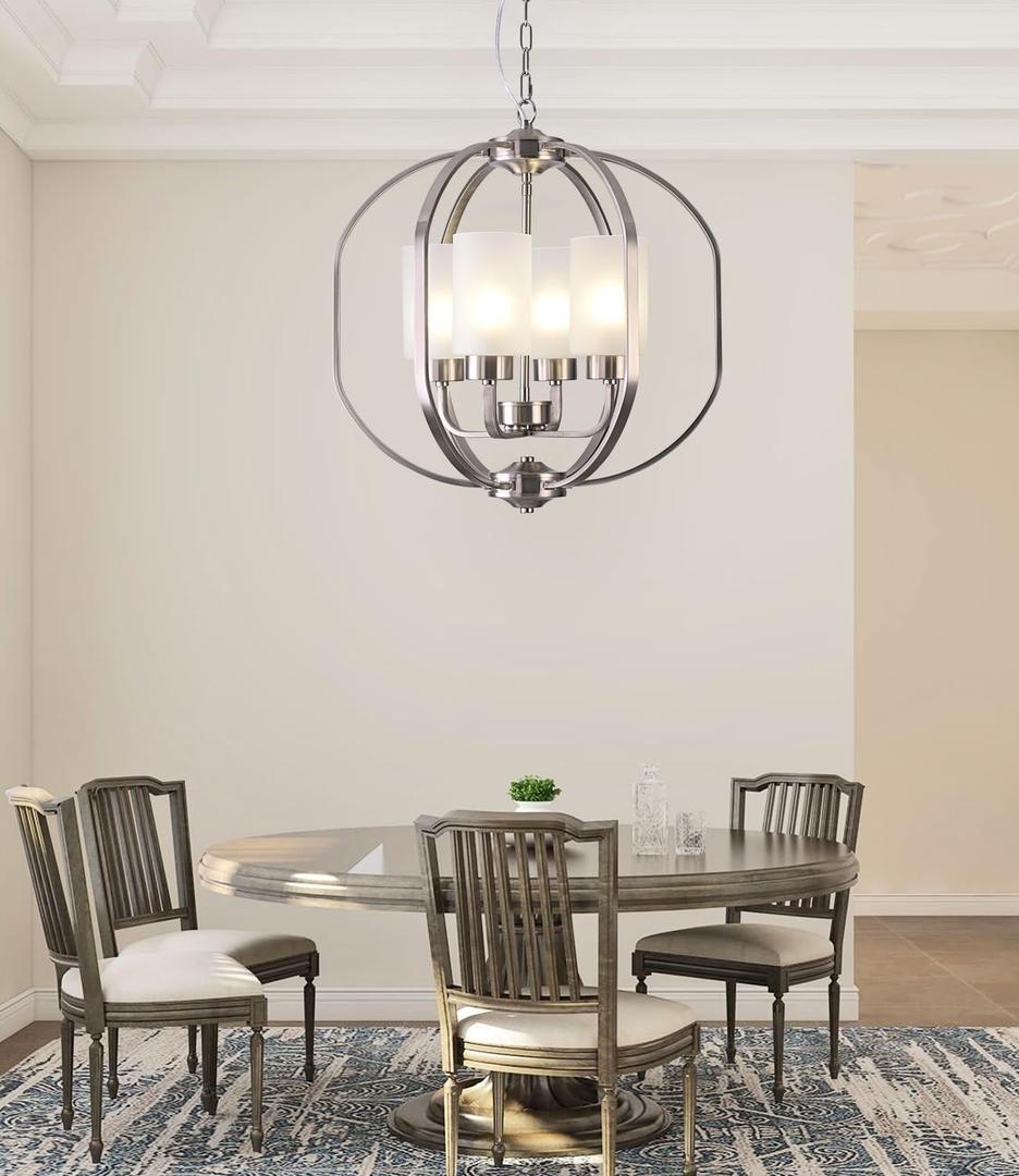 BOZO 20" Brushed Nickel Globe Chandelier, 4-Light Modern Dining Room & Foyer Pendant Light with Frosted Glass Shades, Ceiling Hanging Orb Fixture