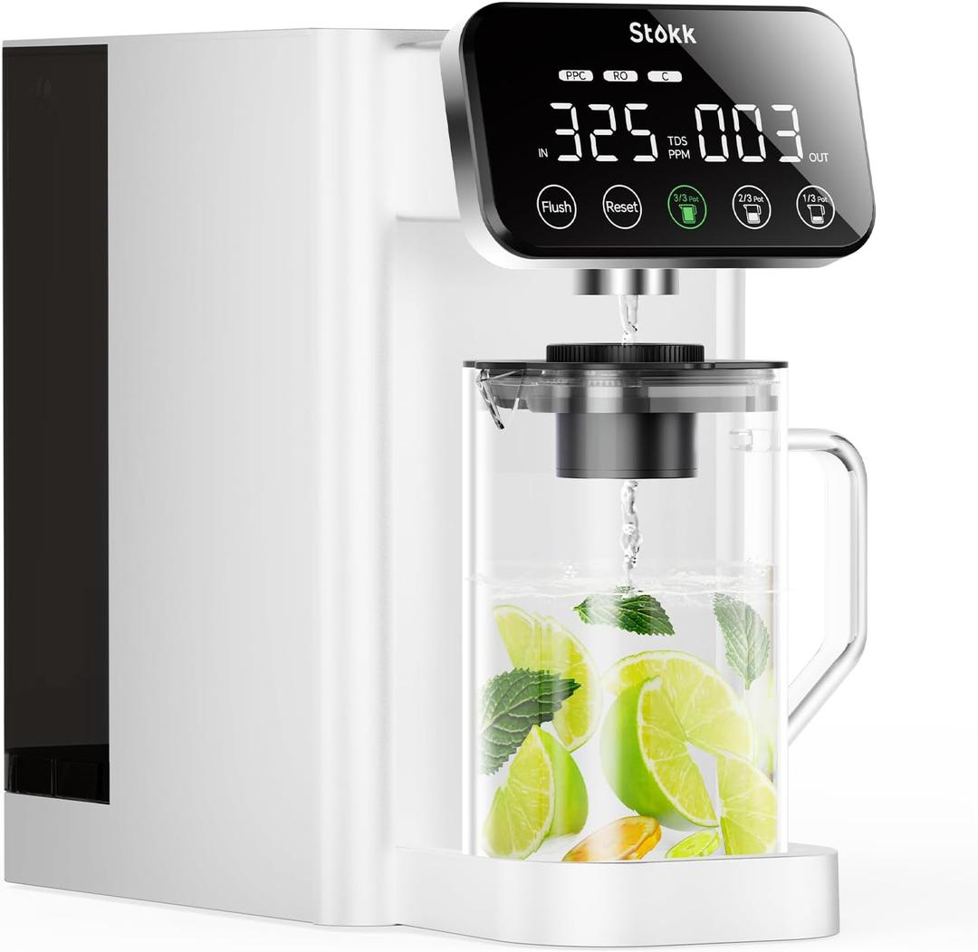 Stokk E1 Reverse Osmosis Water Filter Countertop, 5 Stage RO Water Filter System with Remineralization Glass Pitcher, NSF/ANSI 58&372, Portable No Installation Water Purifier for Home Office