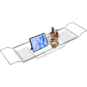 BVL Bathtub Tray Stainless Steel with Marble Base Chrome Bathtub Tray with White Marble Base Adjustable & Rustproof Bath Caddy for Spa, Relaxation, Bath Bombs