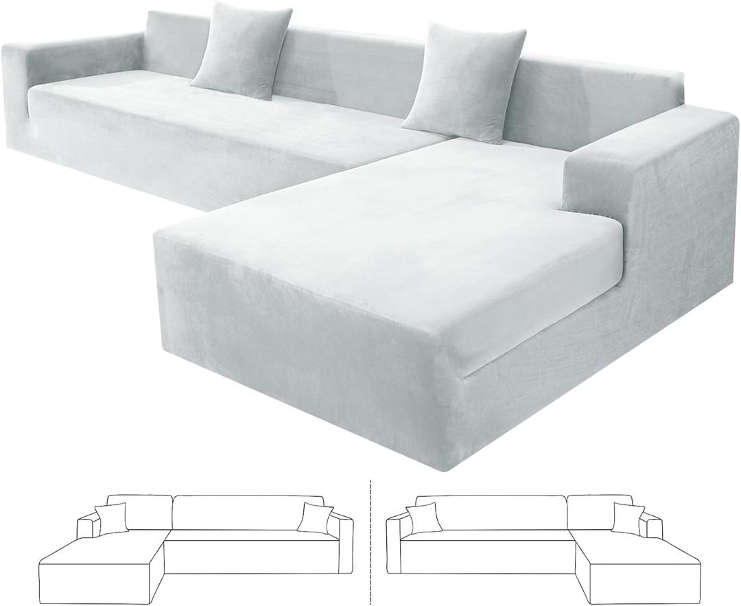 ZNSAYOTX 2026 Soft Velvet Sectional Couch Covers, Luxury Plush Slipcovers with Elastic Bottom for L Shape Sectional Sofa, 2 Pcs Pet Friendly Protector (3 Seat Couch + 3 Seat Chaise, Silver Grey)