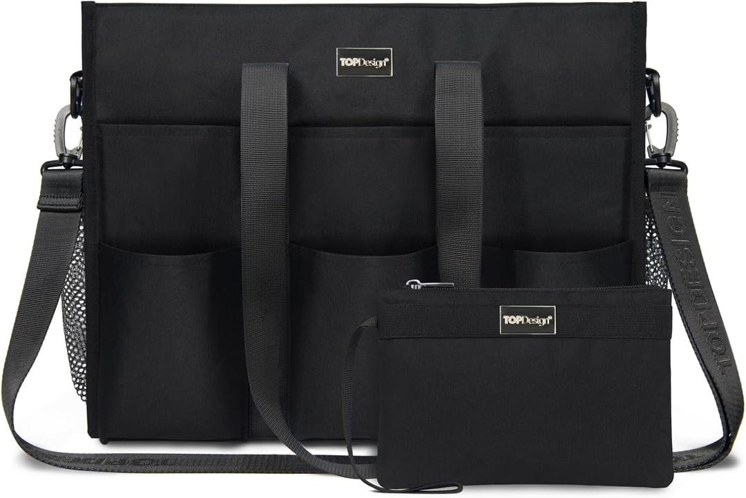 TOPDesign Utility Water Resistant Tote Bag with 22 Pockets, Top Zipper Closure & Thick Bottom Support, for Working Women (Medium, Black)