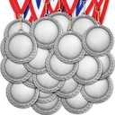 Sasylvia Blank Award Medals with Neck Ribbons Create Your Own Medals Kit Cheer Medal Winner Medal Participation Trophy Metal Gifts for Adults Party (Antique Silver)