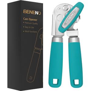 Beneno Can Opener Manual with Magnet, Hand Held Heavy Duty Can Opener with Durable Sharp Blade Smooth Edge, Big Effort-Saving Knob, Soft Grip Rubber Handle, Multifunctional Bottle Opener, Turquoise