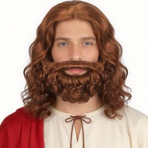 Jesus Beard and Wig Set Brown Wigs with Beard for Men Short Brown Wavy Synthetic Hair Cosplay Wigs for Adults Men's Long Wig and Beard Set for Halloween Costume Party Outfit + Hair Cap