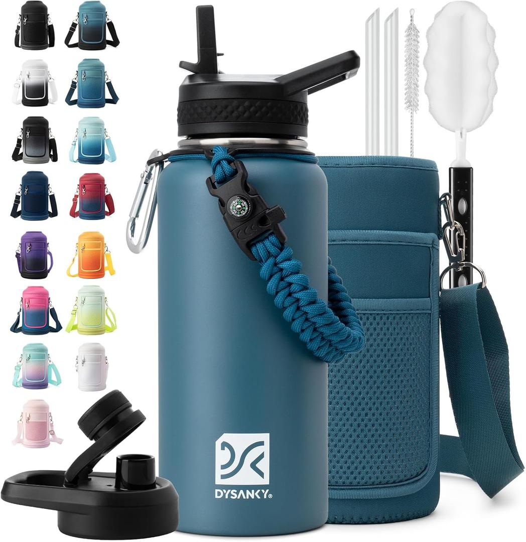 Insulated Water Bottle | Thickened Stainless Steel Vacuum Metal | Portable Sports Water Jug for Gym and Hiking with Straw, Carrier Bag, Handle Strap | BPA-Free 32 oz (Indigo)